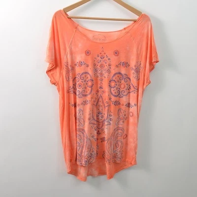 Lucky Brand T-Shirt Womens 1X Paisley Orange Short Sleeve Supima - Image 1 of 4