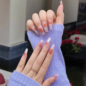 KJ122 24pcs/box Orange Color Fake Nails Flower Design Long Fake Nail Stickers - Imagen 1 de 7