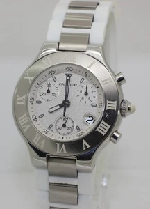 2002 Stainless Steel White Cartier Chronoscaph 21 2424 - Quartz - 38mm - Picture 1 of 8