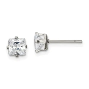 Stainless Steel Polished 5mm Square CZ Stud Post Earrings - Picture 1 of 3