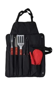 Grillbesteck Set Edelstahl BBQ mit Schürze Gabel Messer Wender Zange Handschuh - Picture 1 of 6