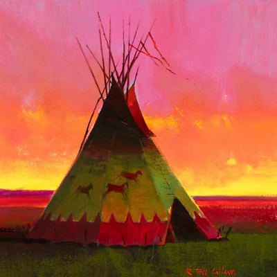 Tom GILLEON "Indian Sunset II" Edición Limitada Arte en Lienzo 36" x 36" Caballo Tipi Foto 1 de 4