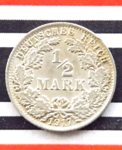 GERMAN Half 1/2 MARK 1917 A Silver EMPIRE WW1 NICE Old Coin History Uncirculated - Picture 1 of 4