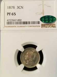 1878 THREE CENT PIECE 3CN NGC PF 65 WITH CAC STICKER SCARCE PROOF ONLY YEAR !!!! - Picture 1 of 4
