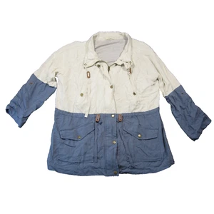 Blu Pepper Linen Utility Jacket Womens 2XL Blue Cream Two Tone Roll Tab Coastal - Picture 1 of 11