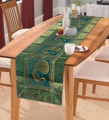 Green & Golden Peacock 60 X 16 Inch Silk Table Runners Decorative Vintage Des... - Image 1 of 4