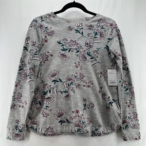 Croft & Barrow Top Womens PXS Long Sleeve Pullover Stretch Curve Hem Floral Gray - Picture 1 of 11