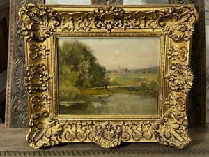 ANTIKES ÖLGEMÄLDE Viktor WEICHART (1851-1918) FRAU AM WEIHER IN LANDSCHAFT - Bild 1 von 14
