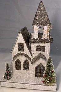 Pottery Barn Christmas Silver Glittery Church 11” - Picture 1 of 5
