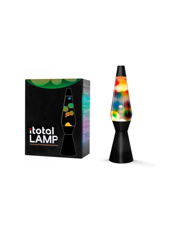 TOTAL JUGGLING ITotal Lampada Lava 36 cm con Base Nera, Liquido Trasparente e Cera Arcobaleno