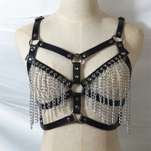 Sexy Women Faux Leather Harness Bra Chest Belt With Chains Punk Body Bondage - Bild 1 von 7