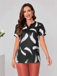 Women S =Junior L Sexy Blouse Shirt Short Sleeve Notch Neck Black White Print - Picture 1 of 11