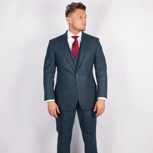 Torre Navy Blue Tweed Suit 2 Piece 36L Jacket, 32x31 Trousers Wool Herringbone - Picture 1 of 6