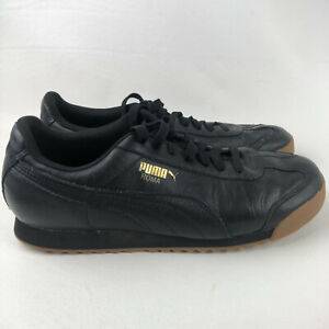 Puma Roma Black Leather Rubber Gum Non Marking Soles Gold Logo Shoes Mens 10.5 