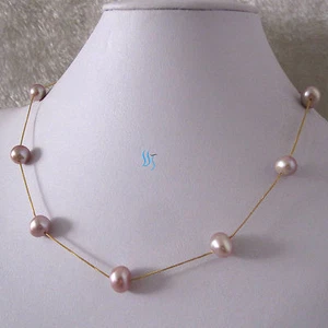 18 Zoll 9-10 mm Lavendel AA Süßwasserperlen Halskette Zinn Tasse vergoldet Kette G - Bild 1 von 5