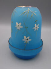 ANTIQUE BLUE SATIN BRISTOL GLASS FLORAL DECORATED FAIRY LAMP MATCHING BASE R-143