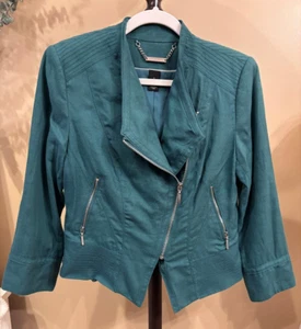 White House Black Market Jacket Size 4 Green Linen Blend Cropped 3/4 Sleeve Zips - Picture 1 of 8