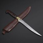 CUSTOM HANDMADE DAMASCUS STEEL FILLET KNIFE FOR FISHING CHEF WITH LEATHER SHEATH