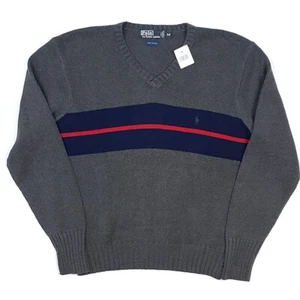 Polo Ralph Lauren Vintage Jumper Large Men Sweater V Neck Grey Stripe Tag M BNWT - Imagen 1 de 18