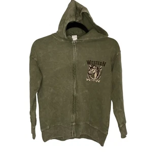 Girls size M Olive Green Western Graphic Zip-Up Hoodie With Hood Pastel Palette - Picture 1 of 6