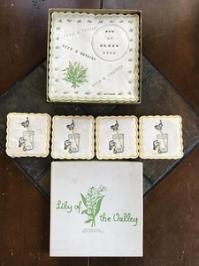 Vintage Midcentury Lily of the Valley Tea Cocktail Napkins Coasters Puppy Kitty - Picture 1 of 10