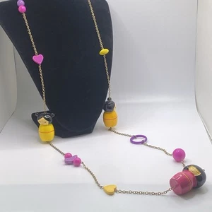 Hard To Find Bright Multicolor Wooden Kokeshi Doll Acrylic Station Necklace 40” - Picture 1 of 14