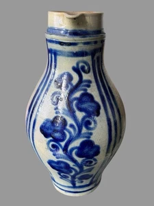 Primitive Antique Country Blue Floral Decorated Stoneware 16" Pitcher - Picture 1 of 12