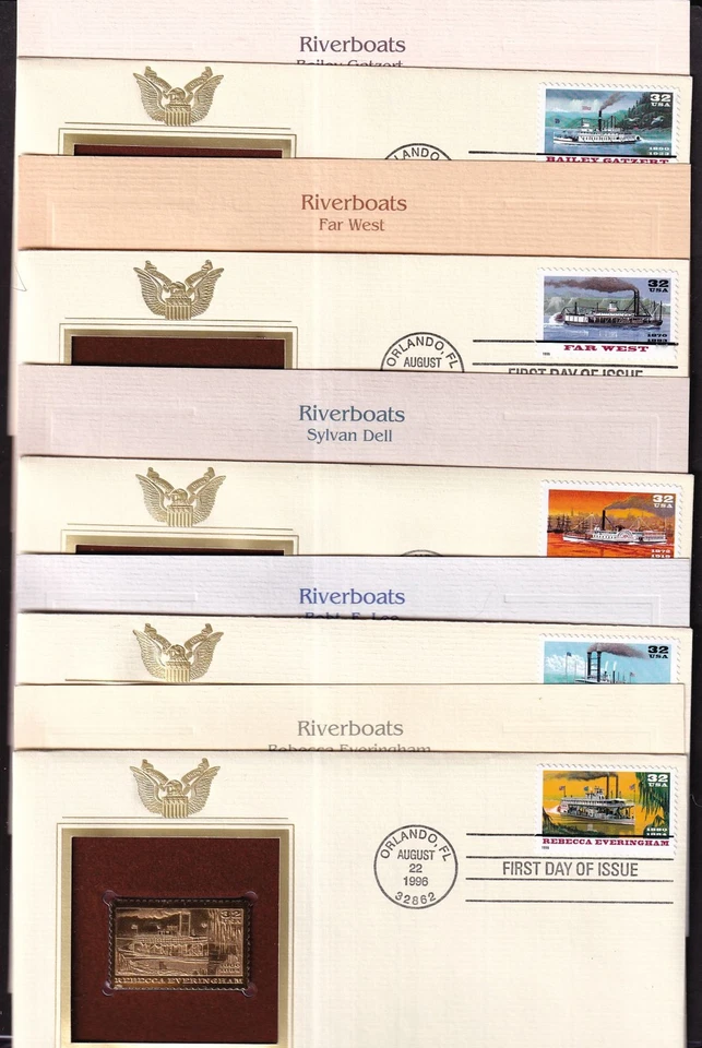 Riverboats Sc 3091-3095 FDC 1996 conjunto 5 piezas cachés de oro barcos de vapor Mississippi Foto 1 de 4