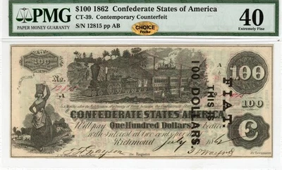 CT-39 290A 1862 $100 Contemporary Counterfeit CSA Money - Fancy Back - PMG XF 40 - Image 1 of 3