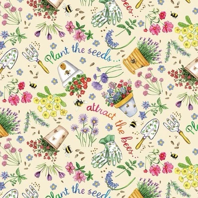 Fat Quarter Michael Miller Plant The Seeds Flowerpot Bee Leaf 100% Cotton Fabric - Image 1 of 4