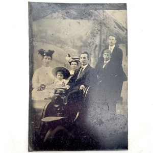 Odd Tin Type Portrait Family Driving Car Antique Studio Photo Mom Dad Baby 1800s - Picture 1 of 4