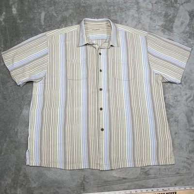Tommy Bahama Shirt Mens 2XL Beige Blue Green Striped Silk Short Sleeve Button Up - Image 1 of 4