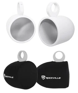 Pair Rockville MAC90W 8” White Aluminum Wakeboard Tower Speaker Pods+Covers - Picture 1 of 12