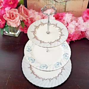 Handmade 3-Tier Cake Stand: Gray-Blue & Silver Dessert Serving Tray - Picture 1 of 11