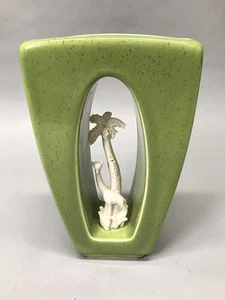 Howard Pierce Green Vase with Giraffe & Palm Tree Claremont California MCM READ! - Picture 1 of 11
