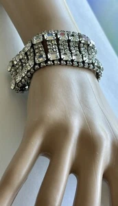 Vintage Wide Clear Rhinestone Showy Statement Bracelet - Picture 1 of 6