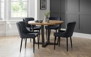 Solid Oak & Metal Round Dining Table & 4 Grey Chairs D100cm x H76cm BOWERY