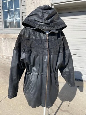 Vintage G3 G III Womens Black Leather Hooded Paisley Print Motorcycle Jacket M - Image 1 of 4