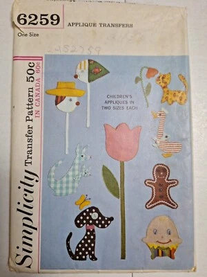 Applique Transfers Childrens Craft Simplicity 6259 Sewing Pattern VTG Dog Cat - Image 1 of 4