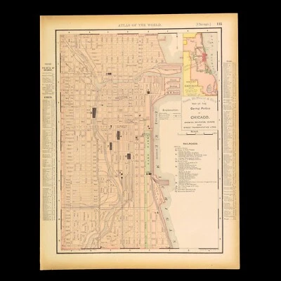 1895 Antique Map of CHICAGO City Street Map Railroad Depots Illinois DATED - Image 1 of 4