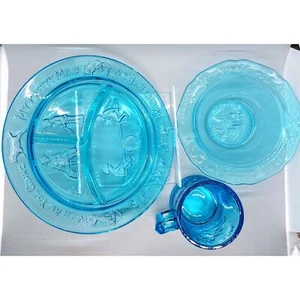Vintage Tiara Glass Mother Goose 3 Piece Nursery Rhyme Dish Set Aqua Blue EUC - Picture 1 of 12