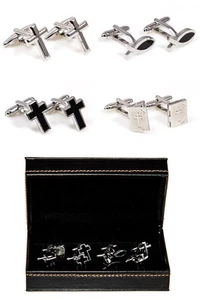 Cross Fish Ichthys Bible 4 Different Pairs Cufflinks Wedding Fancy Gift Box - Bild 1 von 6