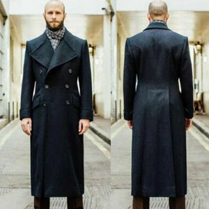 Men Long Overcoat Jacket Wool Blend Tweed Man Suits Wide Lapel Double Breasted - Picture 1 of 14