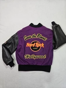 Vintage Hard Rock Cafe Hollywood Wool Bomber Jacket Purple Black Size S USA - Picture 1 of 14