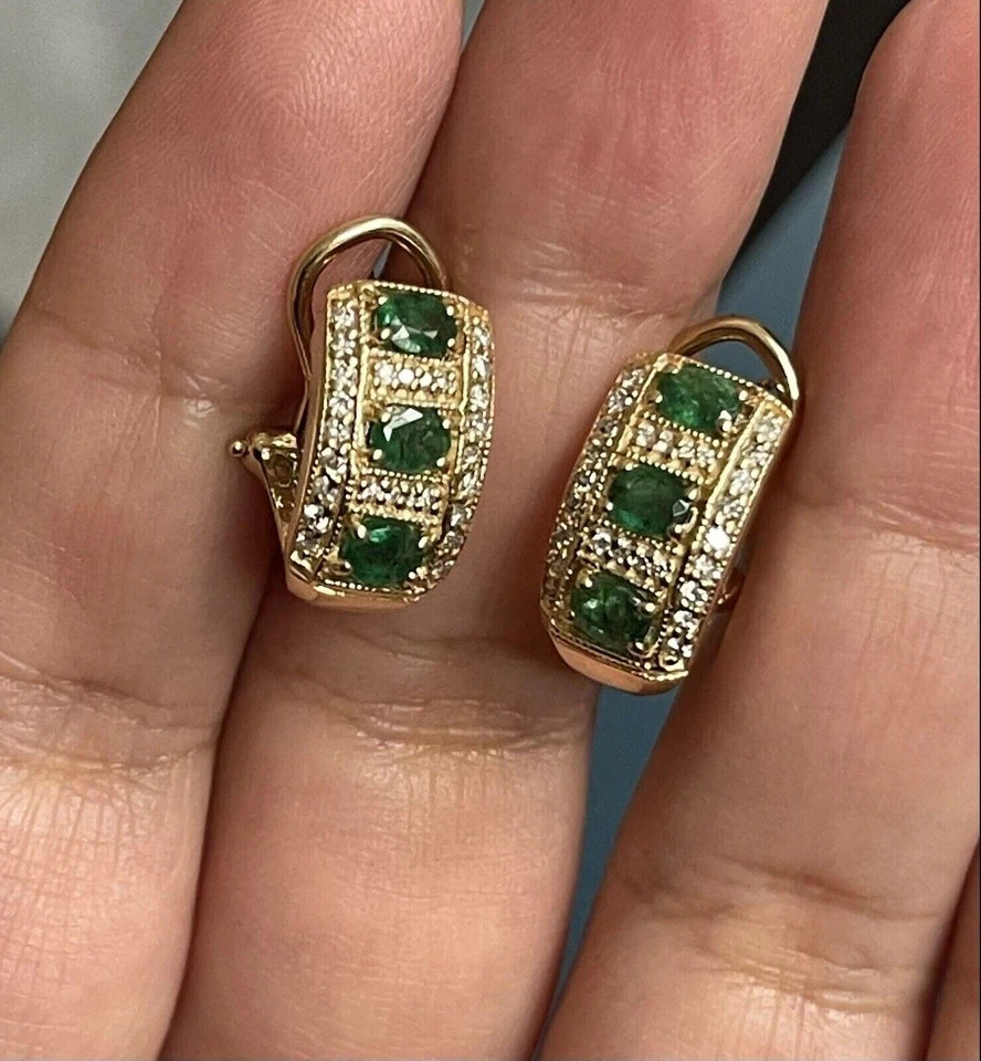 2ct Lab Created Emerald Diamond Huggie Hoop Earrings for Wedding 14K Yellow Gold - Image 1 of 1