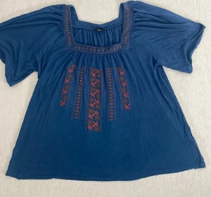 Top tunica Cupio donna XL blu ricamato collo quadrato manica corta bohemien - Foto 1 di 10