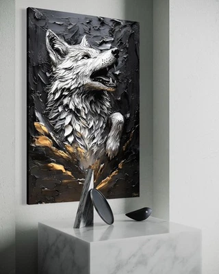 LEINWAND BILD Wolf Hund Abstrakt Modern Bilder Schwarz Gold Edel Wolfskopf Wand - Bild 1 von 4