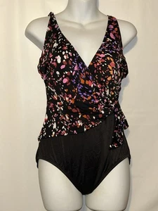 Traje de baño Embrace Your Curves negro púrpura estampado abstracto envolvente de una pieza M 8-10 - Imagen 1 de 7