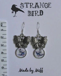 Butterfly altered art earrings bird daisy cherry - Picture 1 of 5