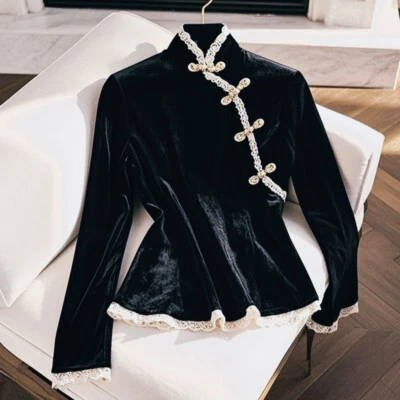 Lady Lace Velvet Shirt Vintage Chinese Style Tops Frog Button Blouse Ethnic Slim - Image 1 of 4